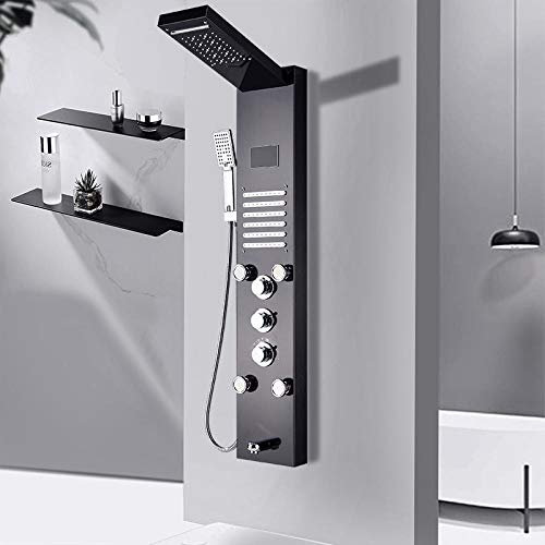 Huin Panneau de douche colonne pluie cascade douche LED bain panneau de douche mitigeur thermostatique tour de robinet de douche avec/douchette à main-Noir