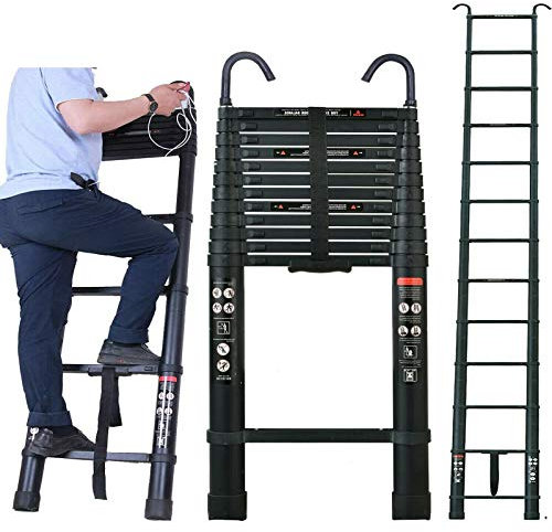5m Portable Heavy Duty Multi-Purpose Aluminium Telescopic Ladder Extendable, with Detachable Hook, 150 Kg Load Capacity, Black