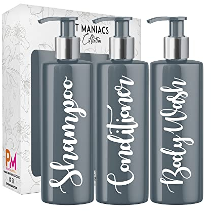 Print Maniacs 3 Set Mrs Hinch Inspired Grey Personalised 500ml Dispenser Pump Bottles Shampoo Conditioner Body Wash (White)