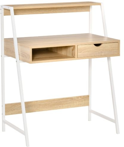 HOMCOM Escritorio de Computadora Neo-Retro Roble Claro | Cajón, Nicho, Estante, Metal