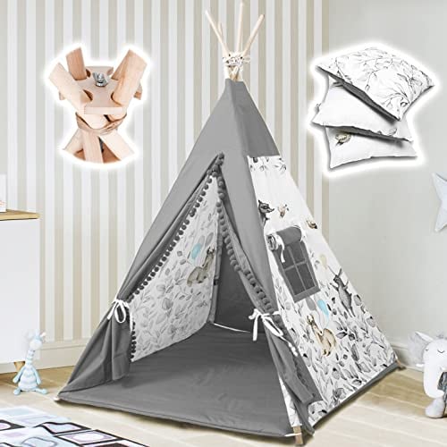 PaLulli® Tipi Zelt für Kinder aus 100% Baumwolle mit Kuschelmatte, Anti-Kollaps-System [Stabil], Camping-Hängelampe & 2 Dekokissen, Tippi Kinderzelt Teepee Spielzelt (Grau)