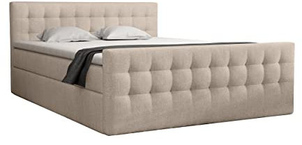 FEDVE Boxspringbett 160x200 Beige – Pumikas – Große Doppelbett zum Schlafzimmer – Gestepptes Kopfteil Bett mit Matratze – Stabiles und Gemütlich Bett für Viele Jahr