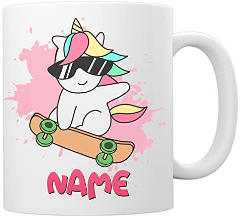 EnvyFone Skateboarding Unicorn Mug - Personalised Cup with Name - Gift for Kids