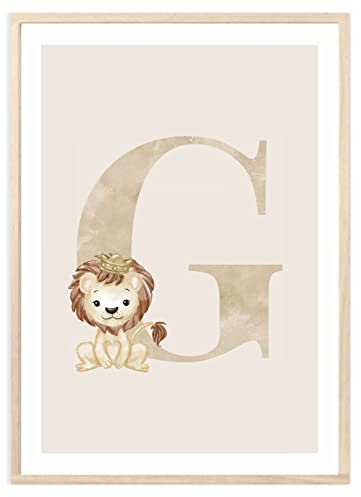 MeinBaby123® Buchstaben Poster DIN A4 Kinderzimmer Mädchen und Junge | Babyzimmer Deko | Bilder Kinderzimmer | Geschenkideen zur Geburt | Geburtsposter | Anfangsbuchstabe Poster G (Löwe - G)