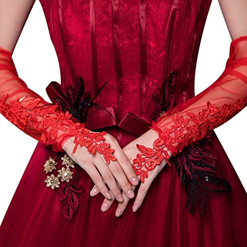 MoreChioce Lange Damen Spitzenhandschuhe, Fingerlose Hochzeithandschuhe Sommer Armstulpen Handschuhe Mesh Brauthandschuhe Spitze Handstulpen für Braut Abschlussball Oper Dinnerparty,Rot