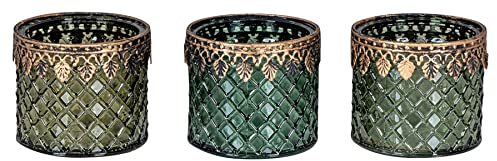 levandeo 3er Set Teelichthalter Grün Gold Glas Retro Tischdeko Windlicht Kerzenhalter Dekoration Teelichtglas