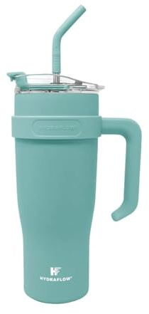 HYDRAFLOW Capri – Becher mit Strohhalm – dreiwandiger, vakuumisolierter Becher – isolierter Smoothie-Becher – Edelstahlbecher – wiederverwendbarer Becher mit Deckel – Powder Aqua