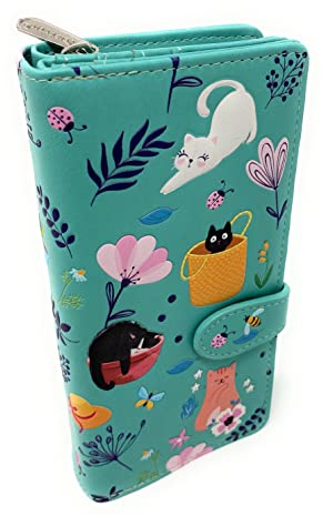 Shag Wear Cats in the Garden Große Geldbörse für Frühling und Sommer, Tier-Geldbörse für Damen und Teenager, veganes Kunstleder, Hellblaugrün, 17,8 cm, Blaugrün/Ein Hauch von Paradies (Trace of