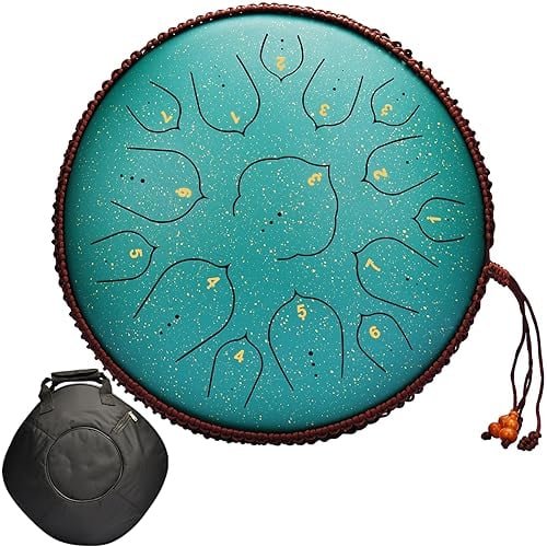 Tongue Drum Grün 15 Noten 14 Zoll, Zungentrommel Groß Stahlzungentrommel Stahl Handtrommel Schlaginstrument mit Tragetasche, Drumsticks und Fingerabdeckung für Yoga,Meditation,Klangheilung