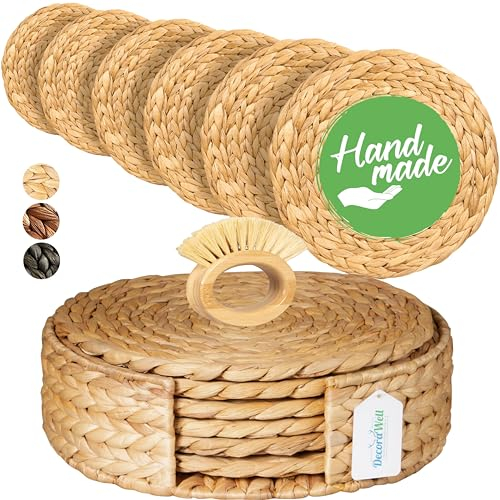 DecoraWell Gewebte Tischsets 6er Set mit Bambusbürste, runde Tischsets, gewebte Rattan-Ladegeräte für Speiseteller, geflochtenes Stroh Tischmatten für Esstisch, rustikale Tischsets (13.5)