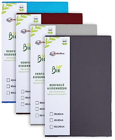 BaSaTex Bio Renforcé 2er Pack Baumwolle Kissenbezüge für Seitenschläfer Kissen | 100% Bio-Baumwolle | Reißverschluss |2X 40x145 cm |Uni Silber