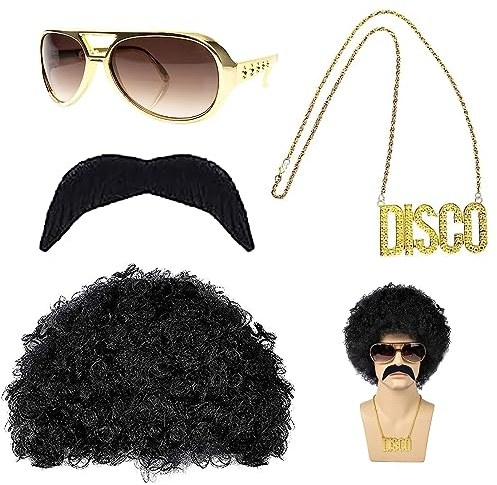 70er Jahre Bekleidung Herren,80er Jahre Outfit Herren,Hippie Kostüm Herren,Hippie Kostüm,Afro Perücke,Geeignet Für Cosplay, Halloween, Kostümfeste Usw (4 Stücke)