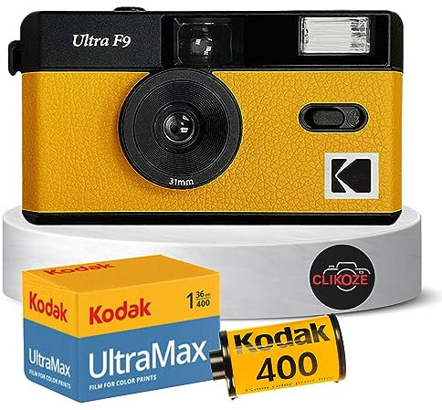 Reusable Film Camera Bundle includes a Yellow Kodak Ultra F9 Film Camera, Kodak Ultramax 35mm Film 36 Exposures and Clikoze Camera Film Photography Tips Card