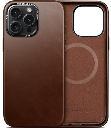 kingflag Leder Hülle für iPhone 15 Pro Max 6,7 Zoll - Ölwachs-Oberleder Handyhülle extra Dünn Kompatibel mit MagSafe Metallknöpfen (Braun)