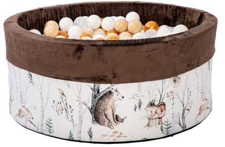 GoldenGroup Forest Friends Piscine a Balle pour Enfant 90x40 cm avec 300 balles - Jeux Montessori, Piscine à balles Ronde en Velours - Piscine à balles - Marron : Blanc, Beige, Transparent, Or