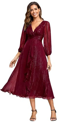 Ever-Pretty Women Dress Ruched V Neck Long Lantern Sleeves Lotus Leaf Fall Bridesmaid Wedding Guest Dresses Burgundy 18UK