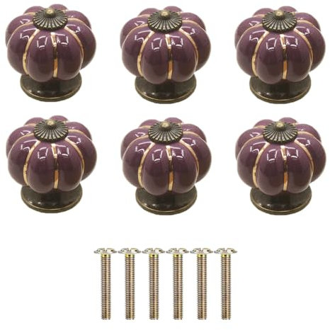 Yuaaoh Lot de 6 Poignée Ceramique Citrouille, Bouton de Porte de Placard, Poignet de Porte Bouton Porcelaine avec Vis pour Maison, Bureau, Armoire de Cuisine, Tiroirs et Placard 4x4x4cm (Violet)