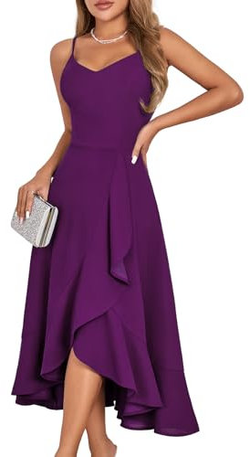 DRESSTELLS Abito da Cocktail Signore Spalline Festive Abiti Alti Bassi per Matrimonio Blu Scuro Lunghezza Ginocchio Orlo Increspato Estivo Backless Curvy Elegante Abiti da Festa Grape XL
