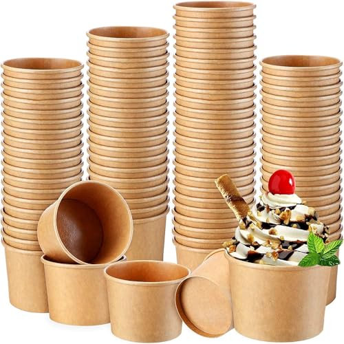 Xaztr 100Pcs Paper Ice Cream Cups, Disposable Small Snack Desert Cups Kraft Paper Yogurt Dessert Bowls for Hot or Cold Food, Yogurt, Ice Cream, Bar