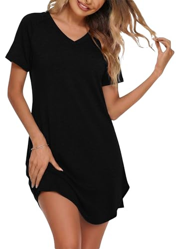 Marvmys Chemise De Nuit Femme Manches Courtes Chemise De Nuit Femme Col v Chemise De Nuit en Coton à Rayures Vetements De Nuit Confortables pour Femmes S-4XL