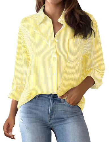 Chemisier Femme Chic Et éLégant, Chemise Femme Rayée Boutonnée Col Montant Chemise Ample DéContractée à Manches Longues avec Poches Haut De Chemise De Travail Classique, Jaune, L