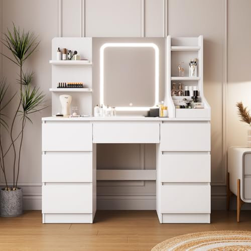 TRIUMPHKEY Schminktisch mit LED-Spiegel in 3 Tönen, Helligkeit verstellbar, moderner Schminktisch mit 2 Ablagen und 7 Schubladen, Schlafzimmermöbel, moderner Stil, aus Holz, Weiß
