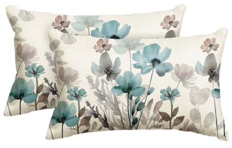 Artoid Mode Blau Wilde Blumen Geometrische Muster Frühling Kissenbezüge 2er Set, 30x50 cm Muster Zierkissenbezug Cushion Cover Wohnzimmer Deko