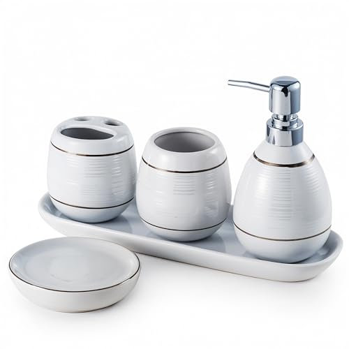 Ceramic Haven Luxe Collection | Oval Set of 5 Premium Bathroom Accessories | Soap Dispenser, Toothbrush Holder, Multipurpose Holder, Tumbler, Vanity Tray | Elegant Décor & Organiser (Luxe White)