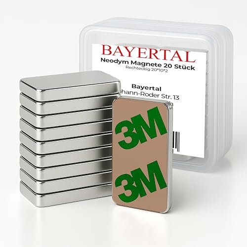 Bayertal® Neodym Magnete 20x10x2mm – 20 Stück, N52 Extra Stark mit 3M Kleber – Mini Magnete selbstklebend für Magnettafel, Whiteboard, Kühlschrank, Büro, Werkstatt & Haushalt – Haftet auch ohne Metall