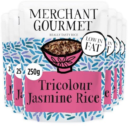 Merchant Gourmet Tricolor Sticky Jasmine Microwave Rice - Pack of 6 x 250g Pouches, Low in Fat, Vegan, Ready in Minutes