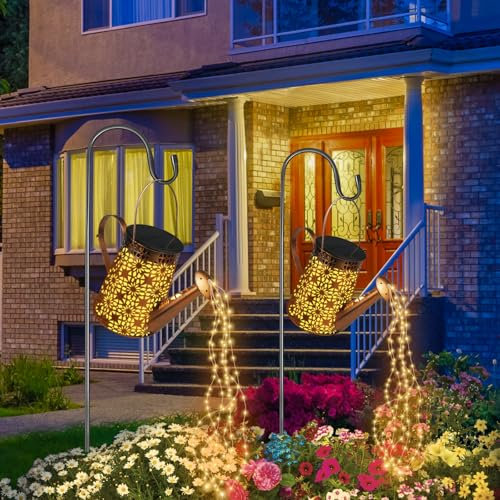 FLSEPAMB 2 Stück Solar Gießkanne mit Lichterkette Aussen Gartendeko, IP65 LED Solar Giesskanne mit Lichterkette, Solarleuchten für Außen Garten Deko Draußen (Mit 2 Ständer)