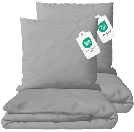Class Home Collection Bettwäsche 135x200 Baumwolle 4 teilig Renforce Bettwäsche-Set mit Reißverschluss Uni Silber