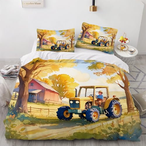 Bettbezug 135x200 cm Bettwäsche 3D Traktor Auto Schlepper Muster Intensive Farbe Mikrofaser Bettwäsche Warm Sanft Bettbezug mit ReißVerschluss Und EckbäNdern + 2 Kissenbezug 80x80 cm Flauschig