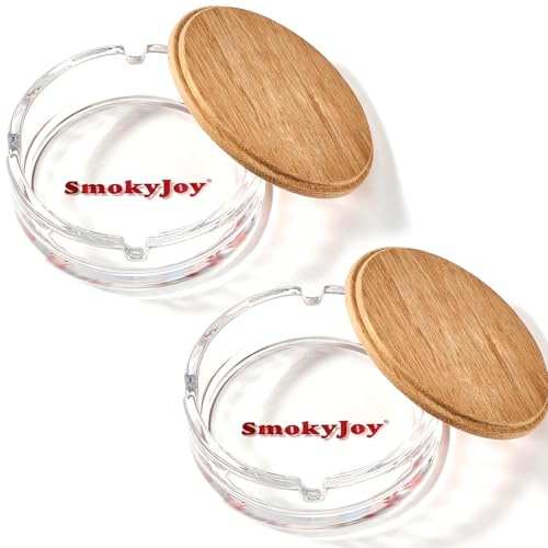 Clear Glass Ashtray with Lid, 2 Pack Windproof Ash Tray for Outside Use, Outdoor Patio, Home Office Tabletop Balcony