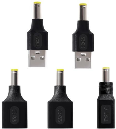 KUOQIY 5 Piezas Adaptador de Corriente USB/Tipo C a DC, USB 2.0 A a DC 5.5x2.5 mm Conector Carga Barril Enchufe Corriente Adaptador,para 5V-DC o Dispositivo de Carga-USB