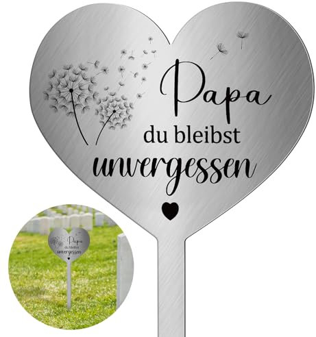 Photect Grabschmuck Wetterfest Grabstecker Metall Herz mit Spruch Papa Du Bleibst Unvergessen Herz Frostbeständig Grabdekoration zum Erinnerung Andenken Dekoherz Trauer