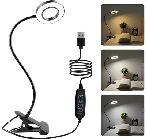 Songlypian Lampara Pinza LED, Luz de Lectura, 48 LED, 3 Colores y 10 Brillo, 360 °Ajuste & Protección Ocular, Aro de Luz Flexible para Lectura, Cama, Escritorio, Trabajar