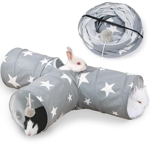 JanYoo Bunny Tunnel 3 voies pour lapin et cochon d'Inde - Tunnel de jeu pliable pour petits animaux - Jouet d'activité pour petits animaux