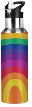 Mexpekil Rainbow Water Bottles 600ml Insulated Stainless Steel Water Bottle with Straw Leakproof Vacuum Flask for Kids Adults