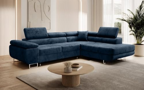 Luxusbetten24 Designer Sofa Aston mit Stauraum und Schlaffunktion | Bezug: Samt | Farbe: Blau | Stellvariante: Rechts