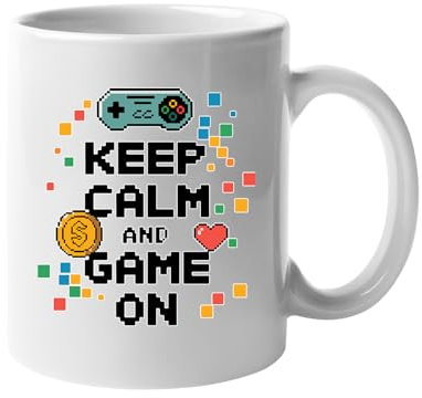 Keep Calm and Game On Mug Retro Gaming Controller Heart Coin Design Gamer Coffee Cup Gift for Him Her Kids Funny Video Game Mug for Console Players Geek Nerd Birthday Present White Mug