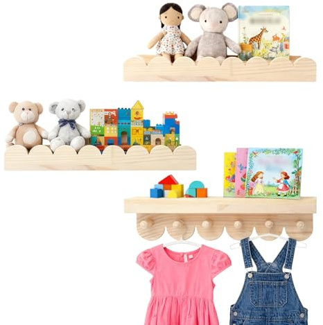 lelewangluo 3PCS Wooden Nursery Book Shelves with Round Hooks, Floating Wall Shelf Bookshelf Hanging Storage Scalloped Shelves, Floating Shelves Wall Mounted Organizer for Bedroom, Living Room