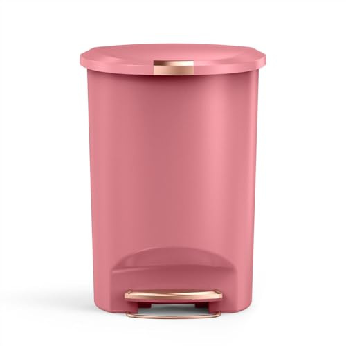 simplehuman Semi-Round Pedal Bin, 50L Kitchen Bin, Studio Edition, Pet-Proof Slide Lock, 150,000-Step Pedal, Lid Shox® Silent Close, Blush Plastic