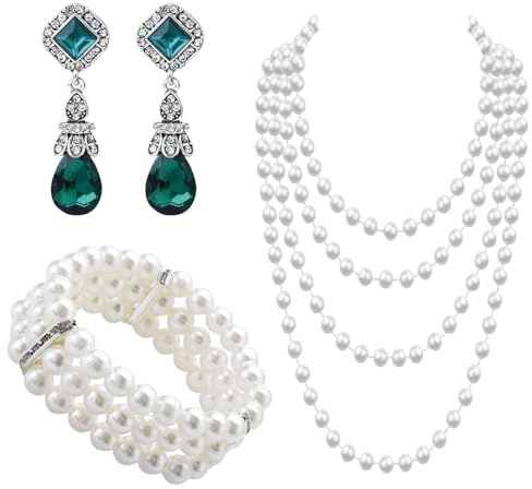 3Pcs Perlen Schmuck Set für Damen, 1920er Perlenschmuck Set mit Perlenkette, 3 Reihiges Perlenarmband und Vintage Kristall Ohrringen, 1920er Vintage Schmuck für Party Abschlussball Hochzeit Festival
