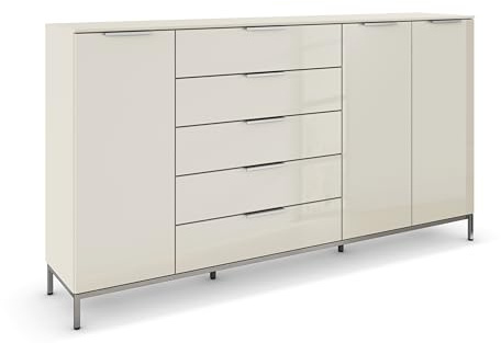 Rauch Möbel Flipp, Kommode, Farbe Glas Beige, Breite 199 cm | Sideboard, 3-türig, 5 Schubladen, Glasfront, Soft-Close, Griffe, Metallkufe Chrom, für Schlafzimmer, Gästezimmer, Wohnzimmer