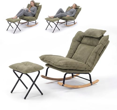 Fabulcozy Schaukelstuhl aus Cordsamt mit Fußstütze, Relaxsessel verstellbar in 3 Positionen, mit abnehmbarem Kissen, Wohnzimmerstuhl für Entspannung