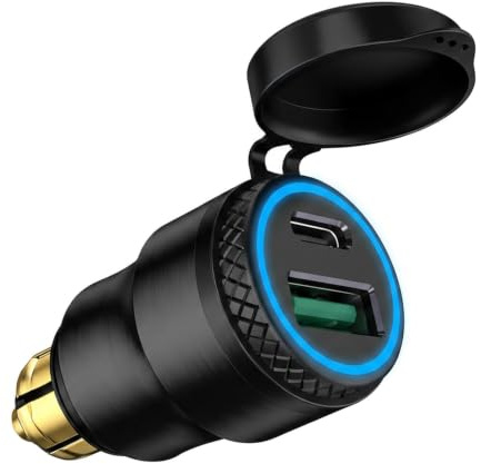 12V-24V Aluminium Chargeur DIN Plug to USB C 30W 5A QC 3.0 Prise USB Moto | Etanche DIN Chargeur Rapide Allume Cigare Moto avec LED Bleue pour BMW Triumph Ducati Tiger de Style Europ DIN Hella Socket