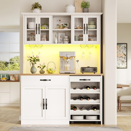 DHHU Meuble de Cuisine avec éclairage LED, Buffet Haut avec Chariot Amovible, 4 Portes en Verre avec Plan de Travail, Rangement Vin, 2 Tiroirs, Armoire de Rangement Haute pour Cuisine (Blanc-4W)