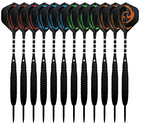 KOHMUI Dartpfeile, 12 Stück Steel Darts Pfeile Set, 23 Gramm Profi Steeldarts mit Metallspitze, Schwarz rutschfeste Eisenfass, Aluminium Schaft, 40 Flights, 24 Anti-lose Gummiringe, Dartpfeil Spitzer