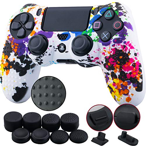 9CDeer 1 Stück von Silikon Besetzt Wassertransfer Schutz Ärmel Fall Abdeckung Haut Hülle Cover Skin +8 Daumengriffe Analoge Kappen +2 Staubdicht Stecker für PS4/Slim/Pro Controller Graffiti spritzend
